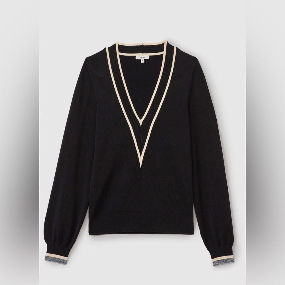 REISS- FAITH BLACK/CREAM CONTRAST TRIM V-NECK JUMPER